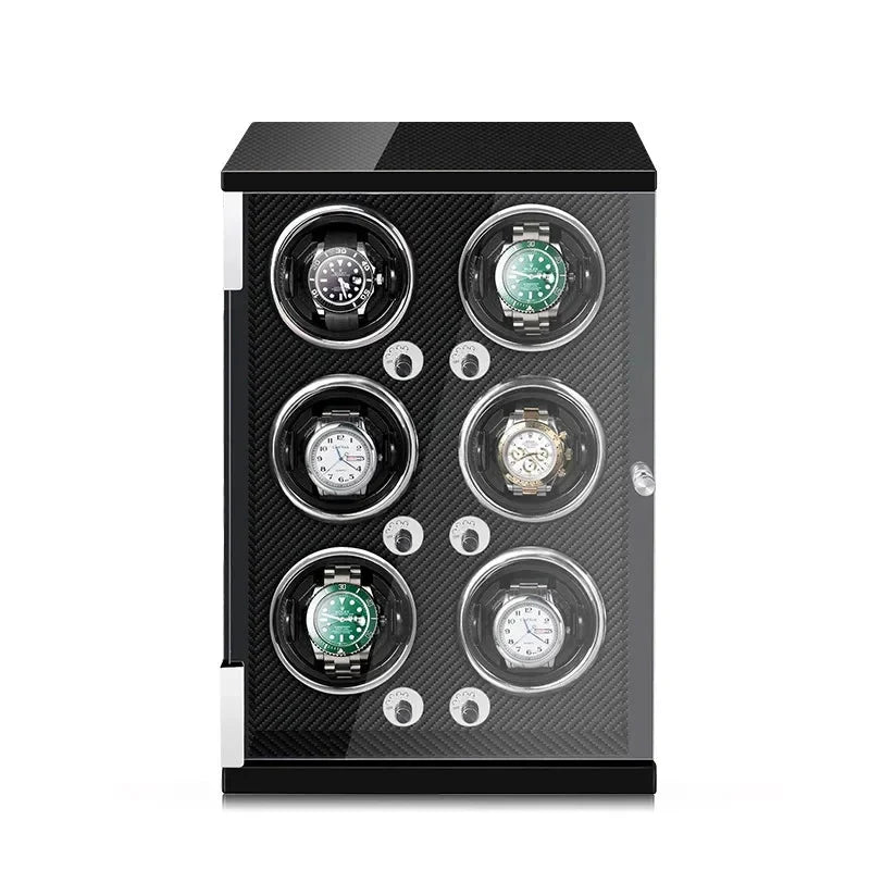 WATCHMATIC Bruno Carbon Fiber Luxury Watch Winder - 6 Slot Vertical Type D;14:1506 epitopes black paint + Carbon Fiber + open cover stop + LED light - WatchMatic